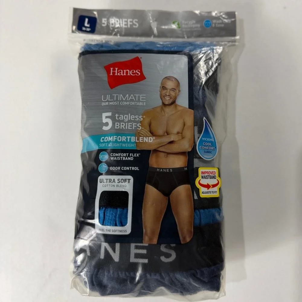 Hanes Ultimate ComfortBlend Mens 5 Pack Tagless Briefs Blue Black L 36-38 NEW - Picture 1 of 6